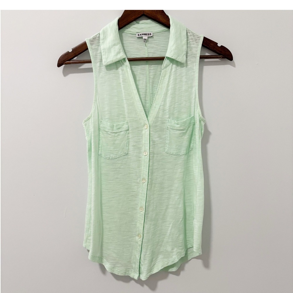 Express Sleeveless Shirt Women XS Mint Green Slub Knit Button Down Pockets